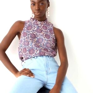 J.Crew 100% Linen Fleur Top In Floral Sleeveless Ruffle women's Size large new!